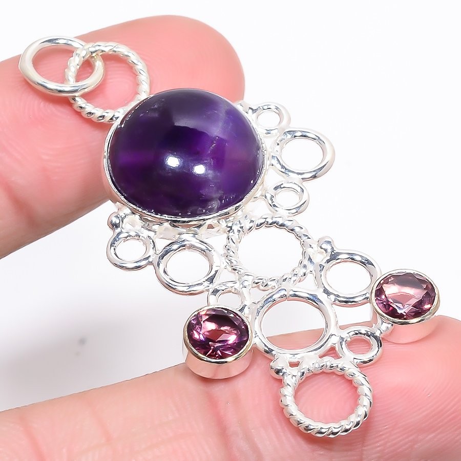 African Amethyst & Pink Amethyst Silver Handmade Pendant 2.29″ T80
