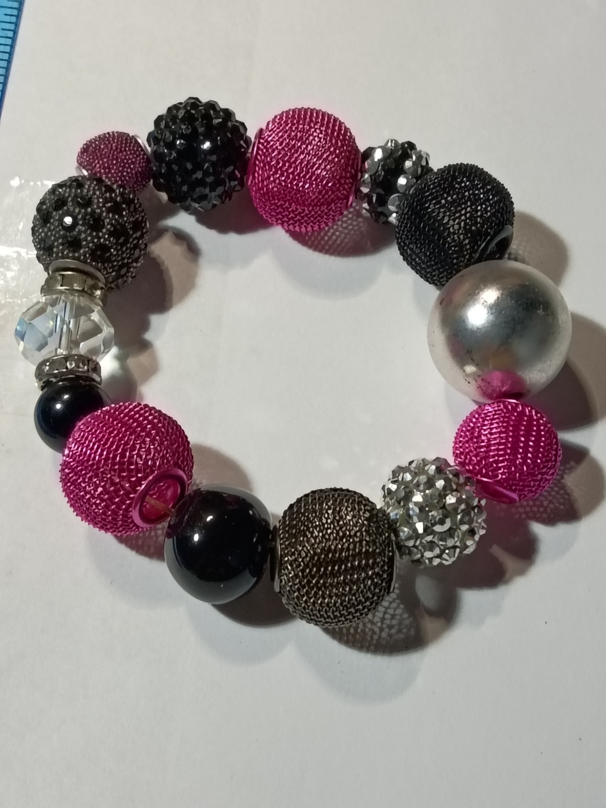 Pink Black Silver Tone Beaded Stretch Bracelet Clear Round Crystal Rhinestone