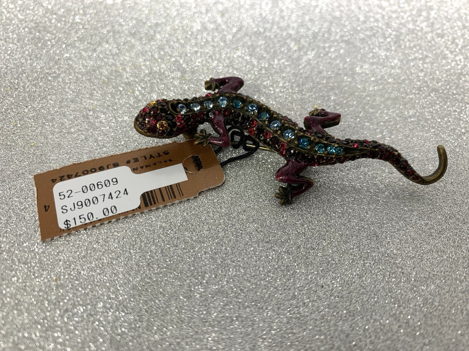 Jay Strongwater Lizard Salamander Blue & Red Crystal Stone Brooch Pin Box & Tag