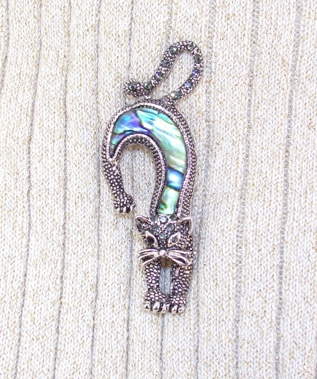 Cat Brooch Pin in Abalone Shell, Crystals, Antique Finish, Stretching Cat Pin