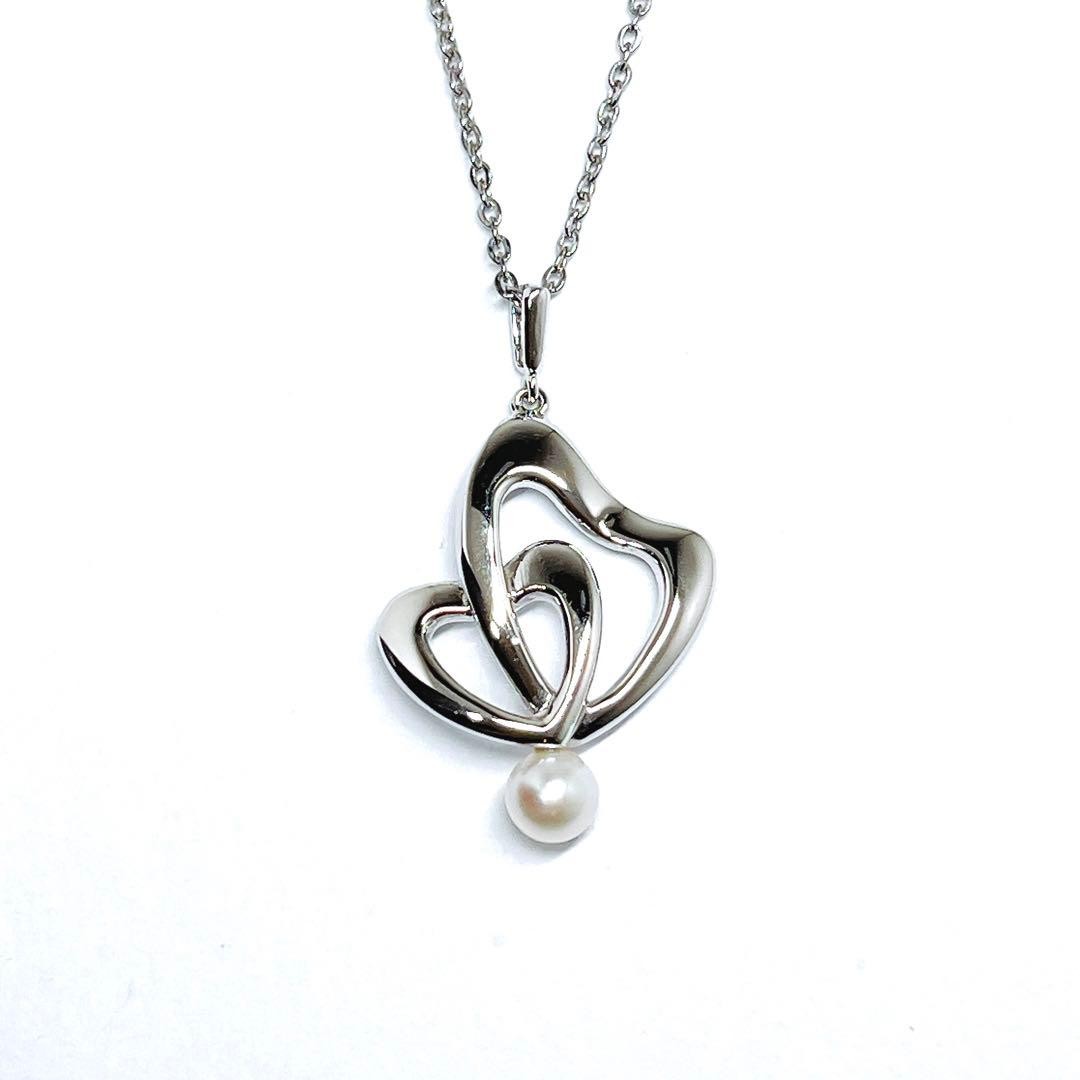 MIKIMOTO Pearl Double Heart Necklace 4.9mm Silver 3.7g From Japan