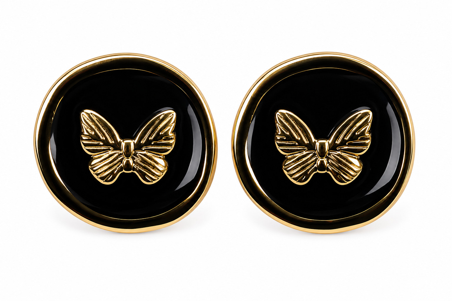 Black Butterfly Stud Earrings Gold Tone Round 18mm Women’s Fashion Jewelry