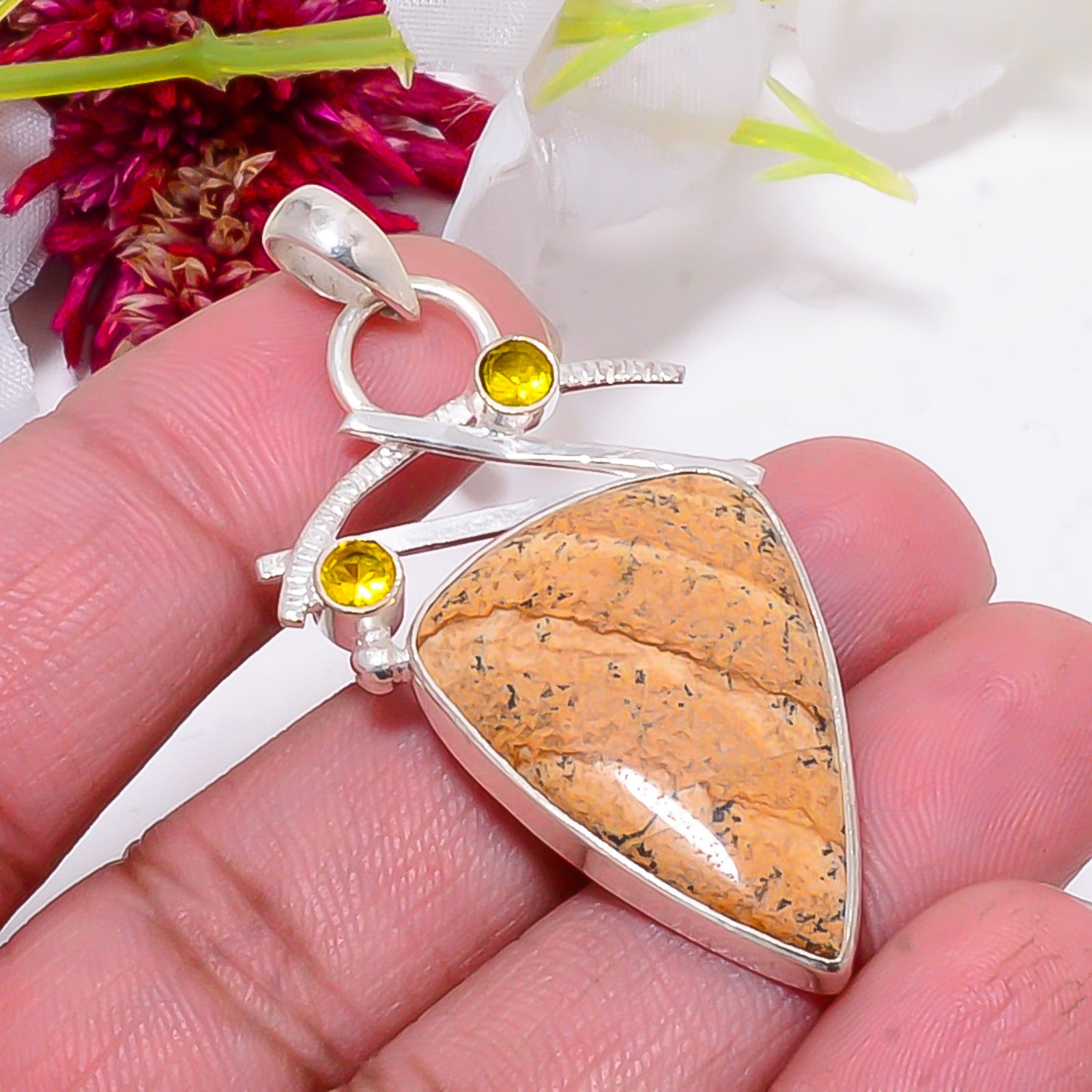 Picture Jasper – Oregon & Citrine 925 Sterling Silver Pendant 2.15″ sku12