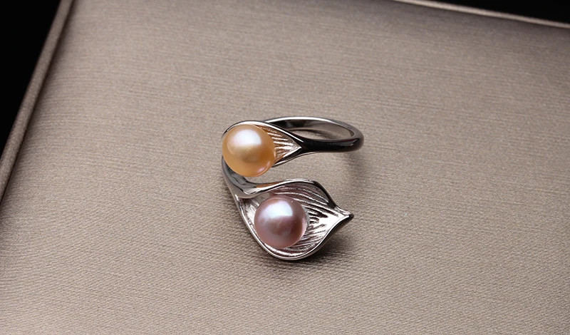 925 Sterling Silver Ring Freshwater Pearl Adjustable Double Band Jewelry