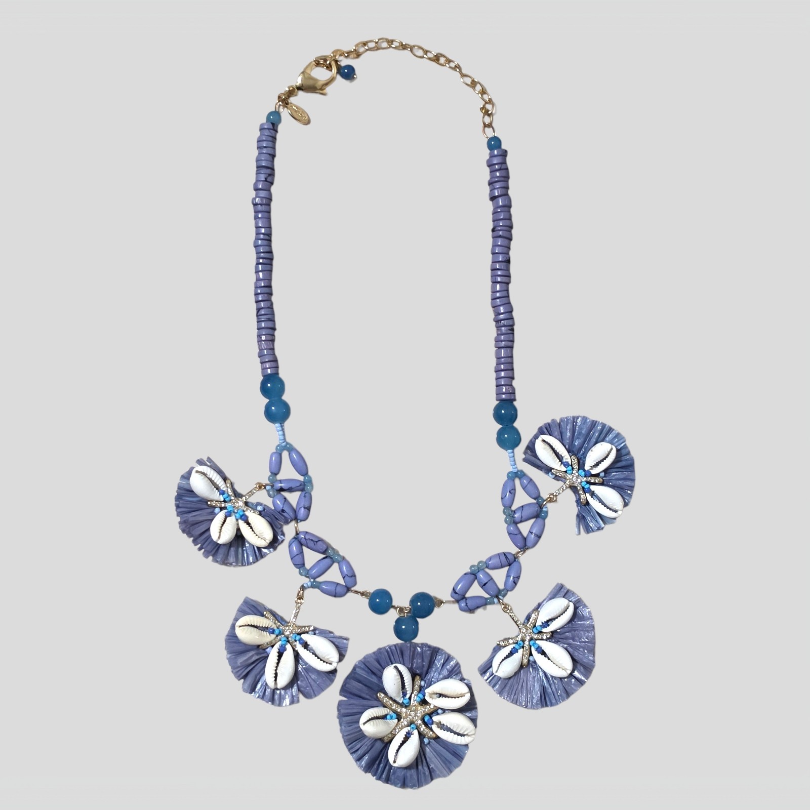 Chico’s Coastal Shell Raffia Statement Necklace Blue Beaded Resort Boho