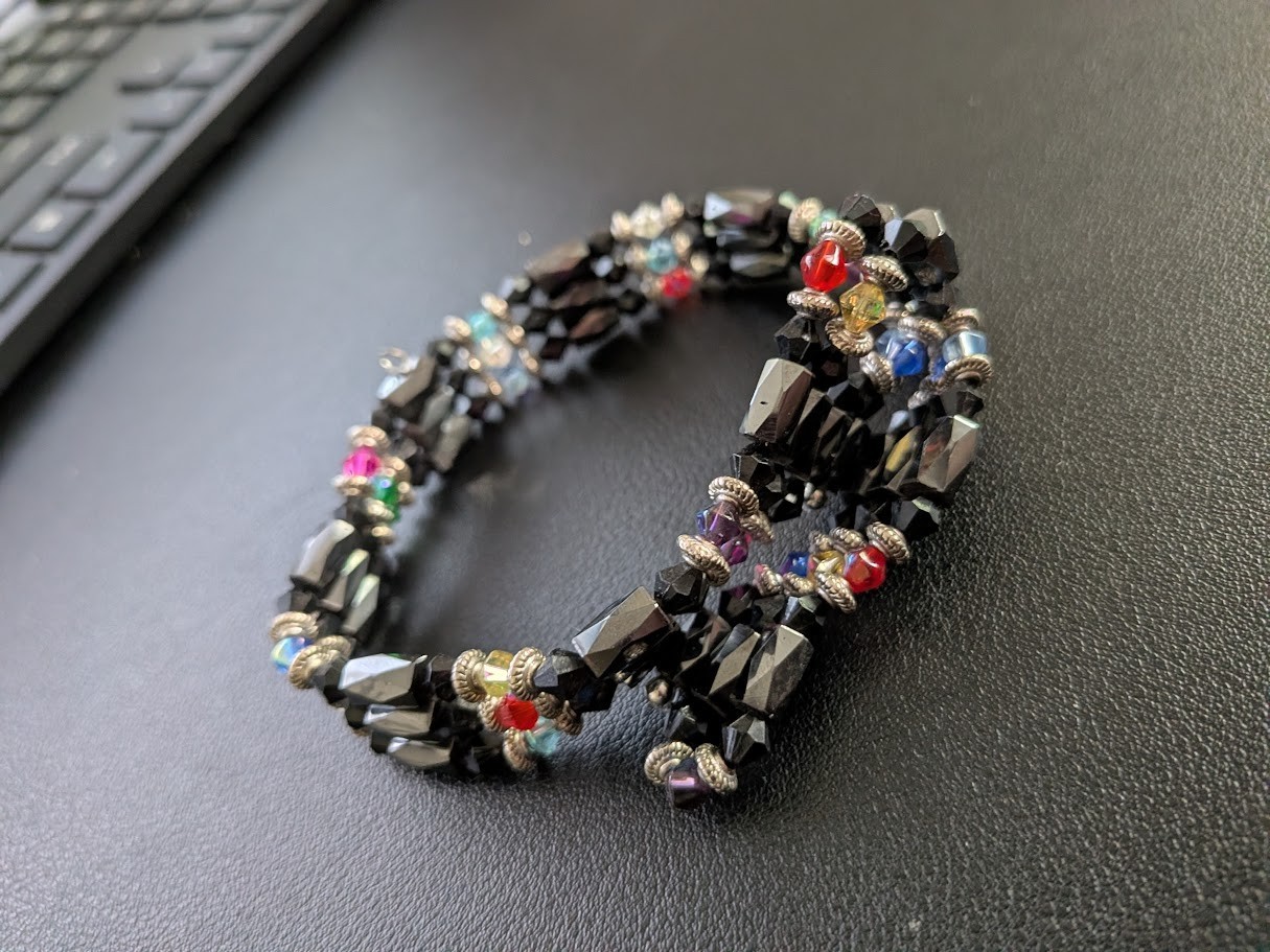 Magnetic Beaded Wrap Statement Bracelet Three Strand Black Red Silver 10” Long