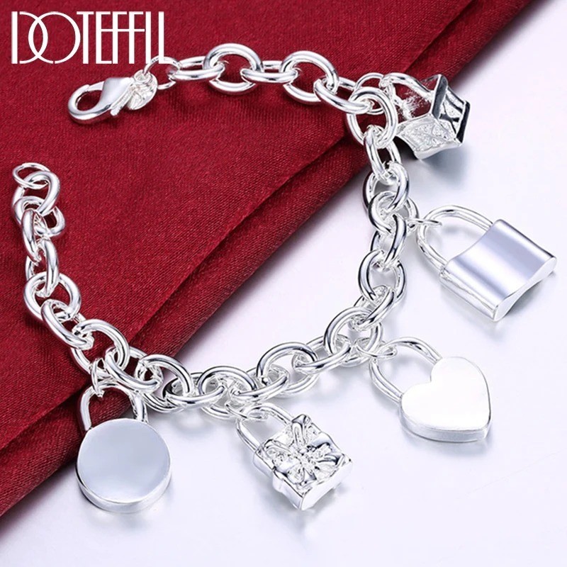 925 Sterling Silver Charm Heart Square Round Lock Necklace Bracelet Set Jewelry