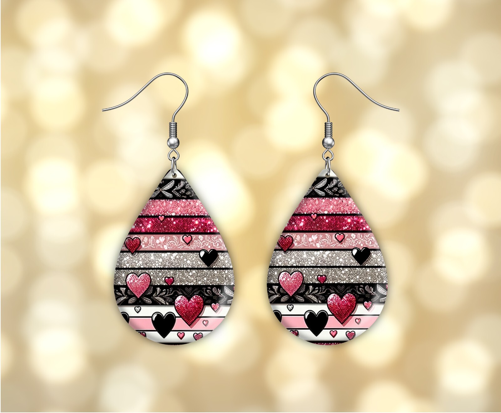 Pink Silver Black Hearts Earrings Handmade Wood Tear Drop Dangle Printed Jewelry