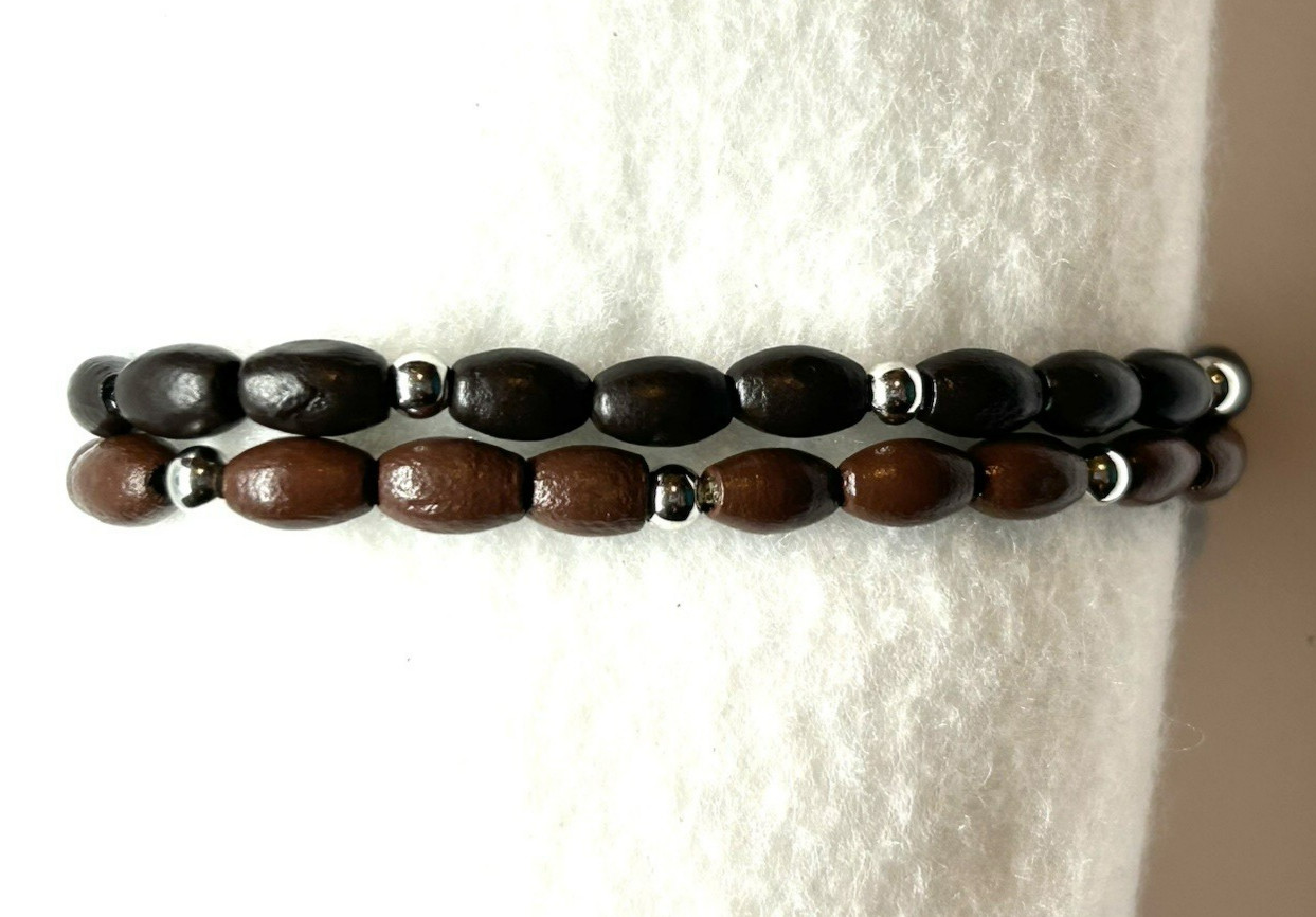 Brown & Dark Brown with silver accents Bamboo Wooden Beaded Bracelet Set Size L