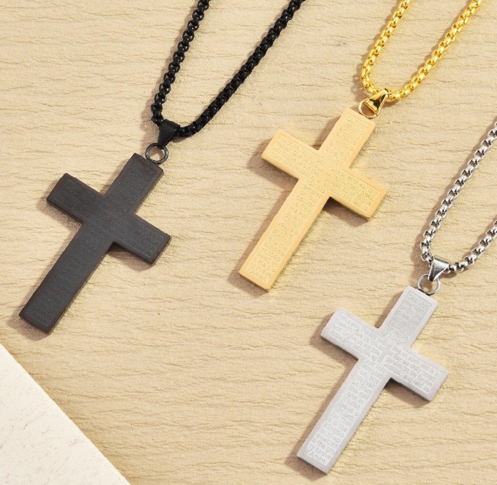 Stainless Steel Religious Scripture Cross Pendant Necklace Personalized Hip Hop