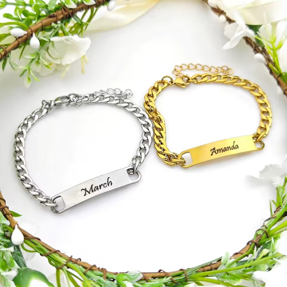 Custom Engraved Name Bracelet Stainless Steel Jewelry Men Women Gold Silver Gift