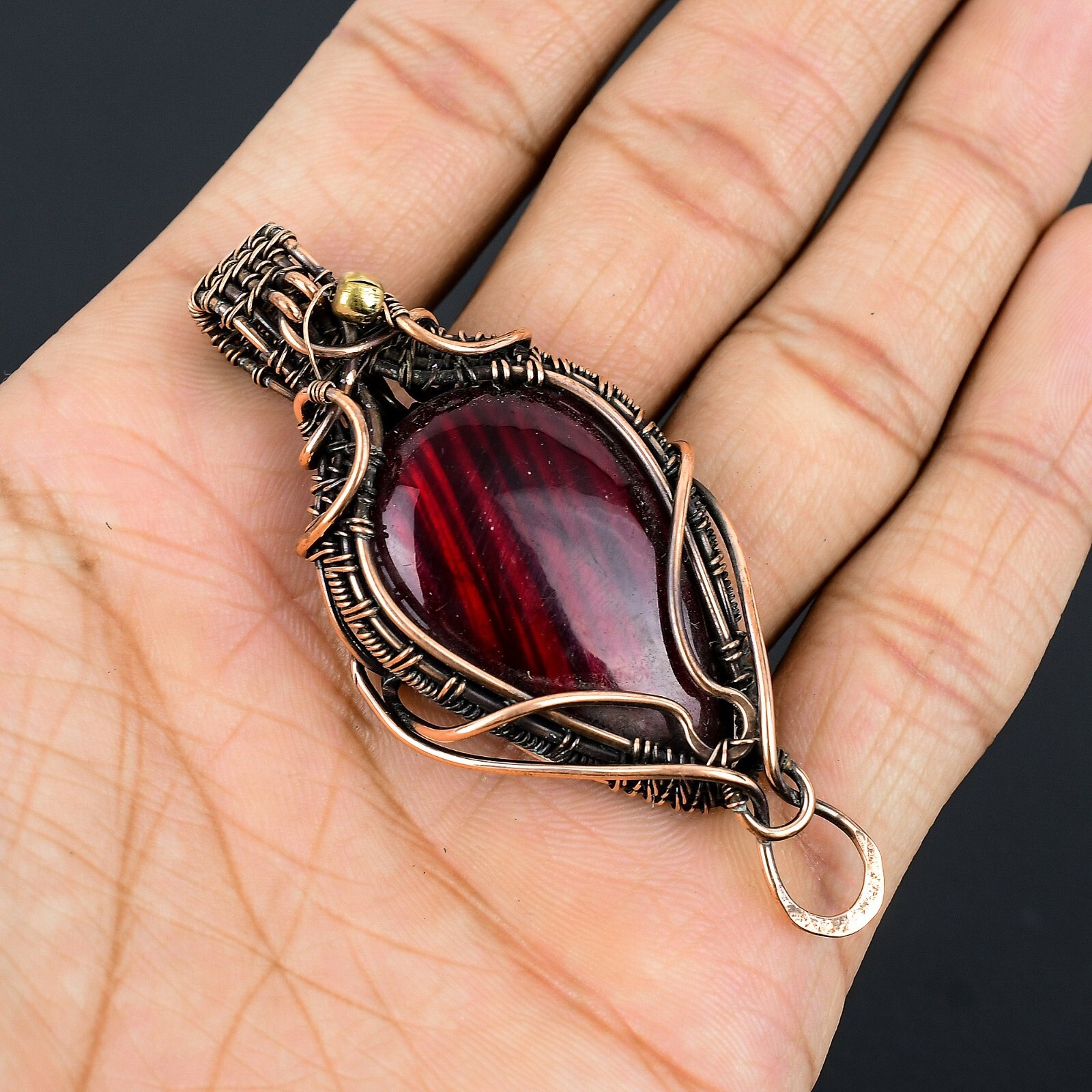 Red Flash Labradorite Gemstone Copper Wire Wrap Handmade Pendant Gift For Her