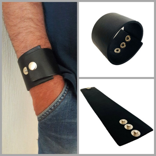 Wide cuff adjustable leather bracelet Black Brown or Worn black bracelet for men