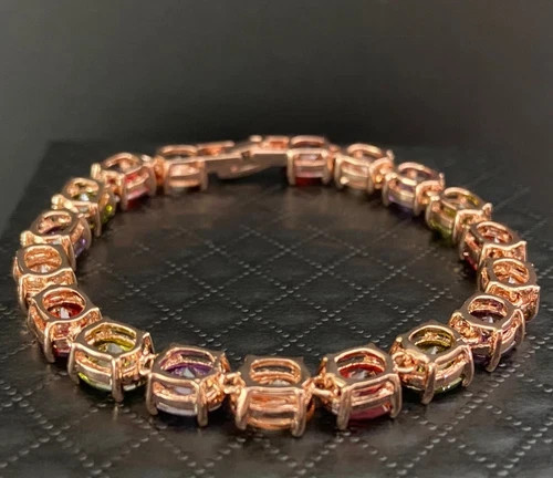 27 CTW Multicolor Gemstone Tennis Bracelet 18K Rose Gold Plated Women Jewelry