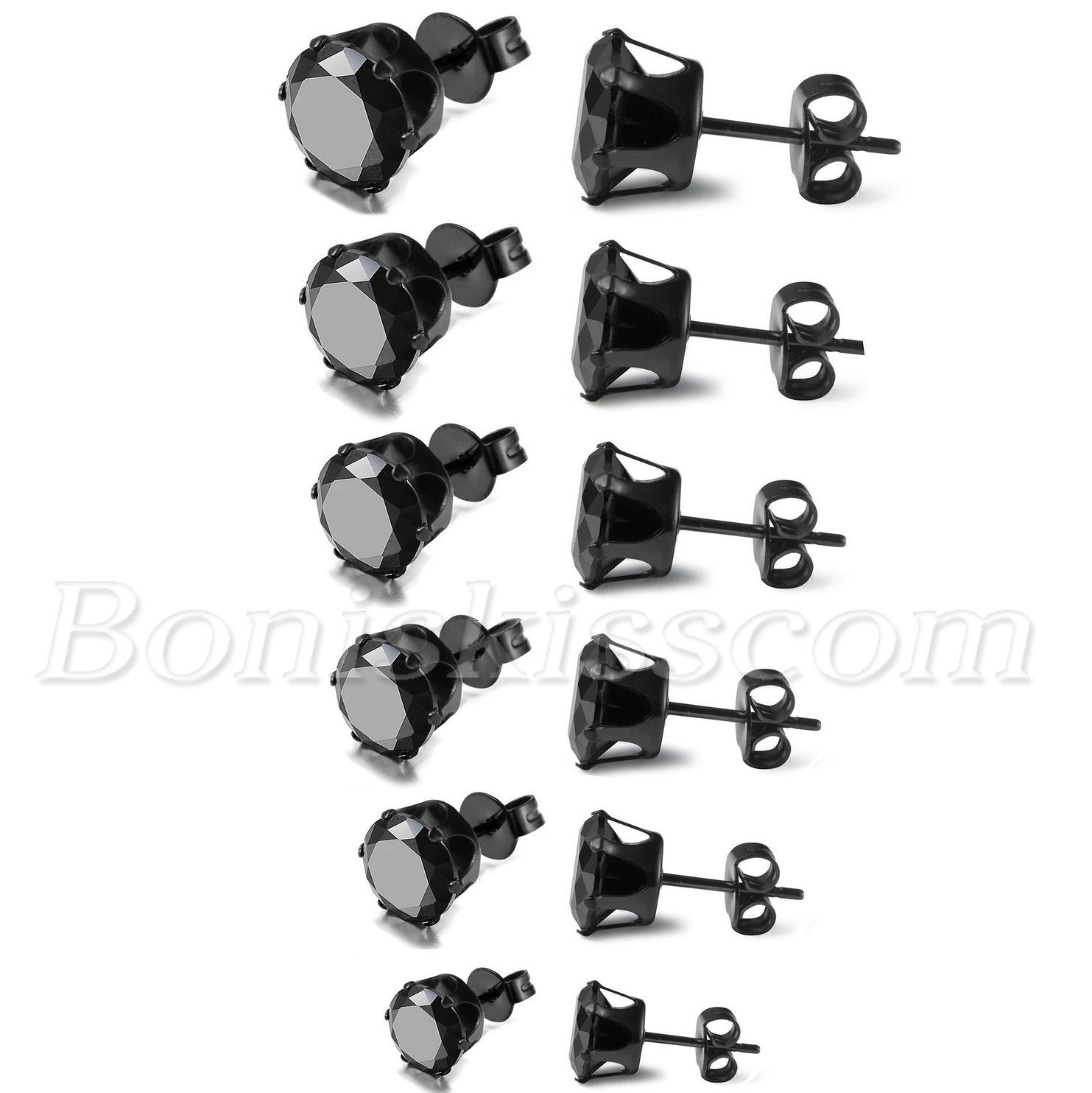 Mens Women Stainless Steel Black Round Cubic Zirconia Ear Studs Earrings 3mm-8mm