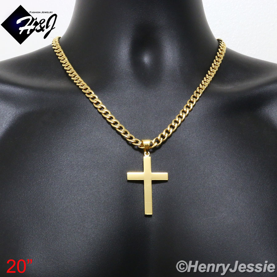 18″-40″Stainless Steel 7mm Gold Plated Cuban Curb Chain Plain Cross Pendant*GP64