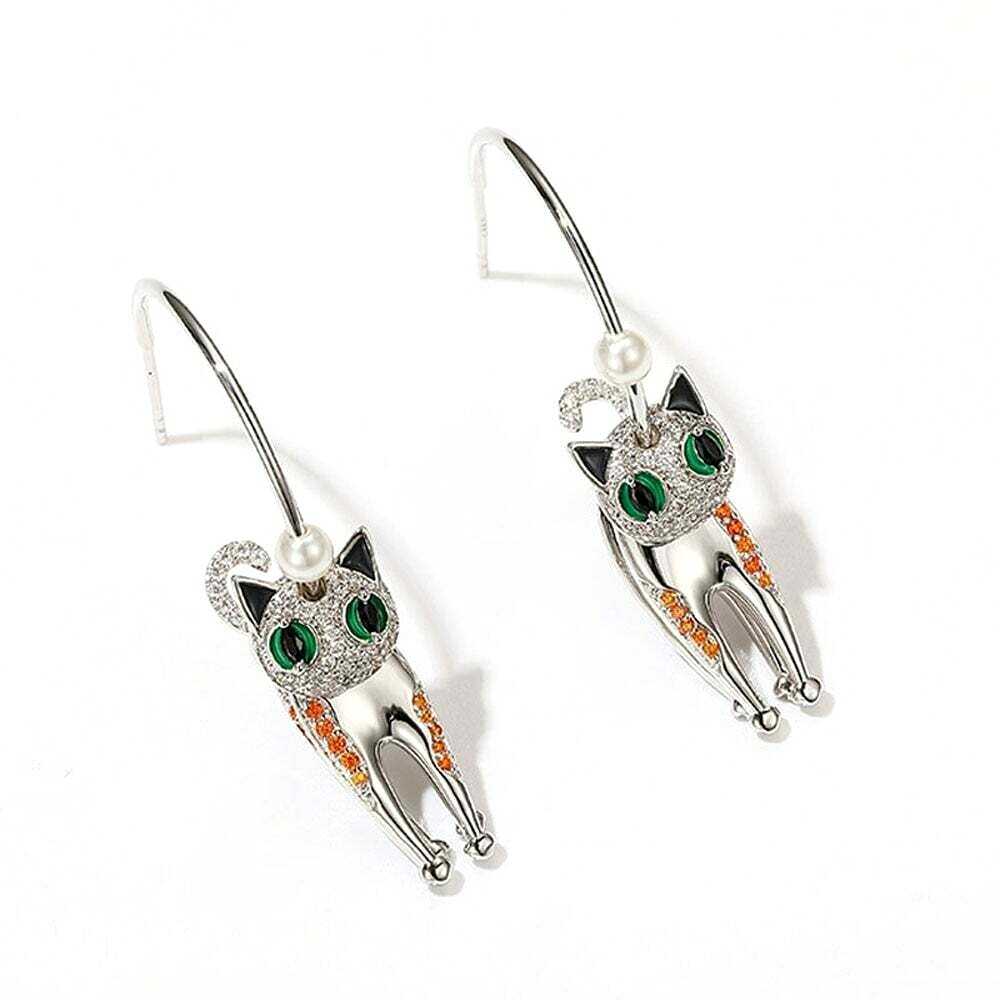 US Seller Betsey Johnson Silver Crystal Cat Dangle Earrings 3D Animal Fashion
