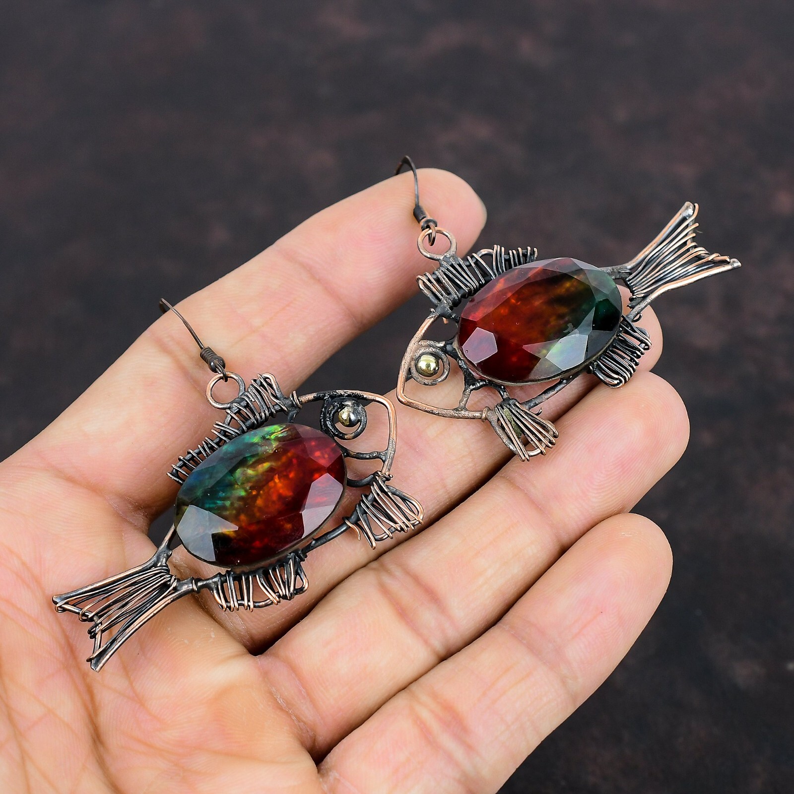 Ammolite Jewelry Copper Mother Gift Wire Wrapped Fish Drop/Dangle Earrings 2.44″