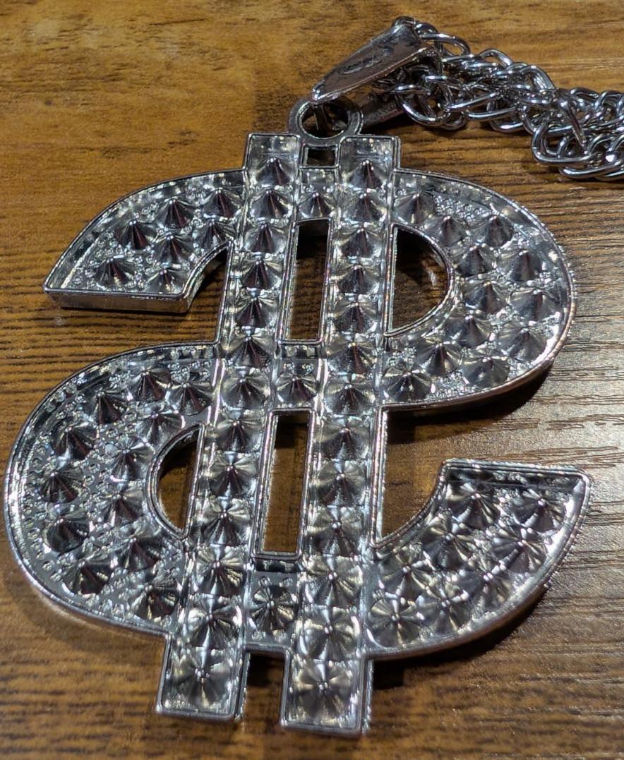 Costume Silver Tone Rhinestone Bling Necklace Large Dollar Sign Ice Rich
