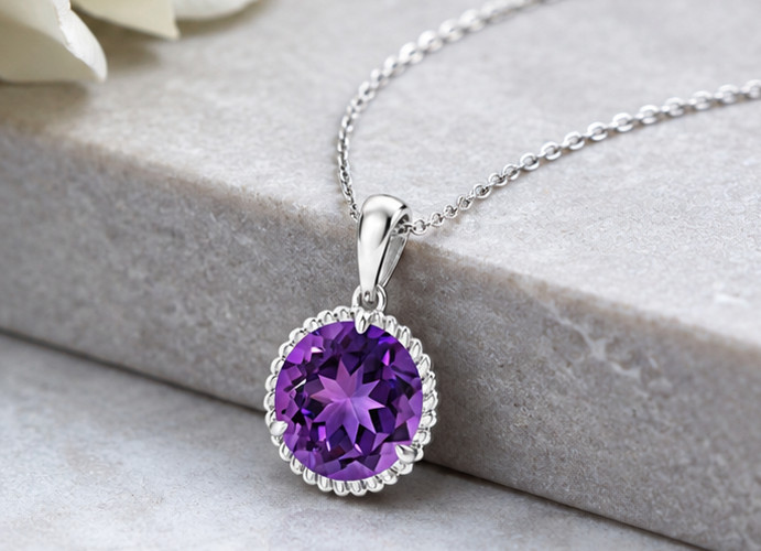 2Ct Round Cut Simulated Amethyst Women’s Pendant Necklace 14K White Gold Plated