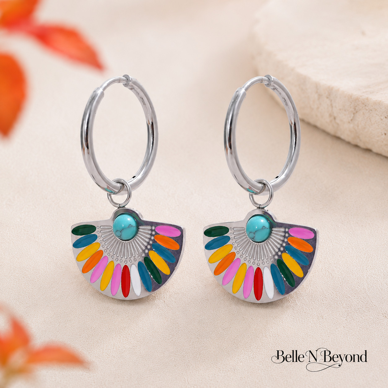 Colorful Fan Hoop Earrings Turquoise Enamel Gold Silver Boho Dangle Set