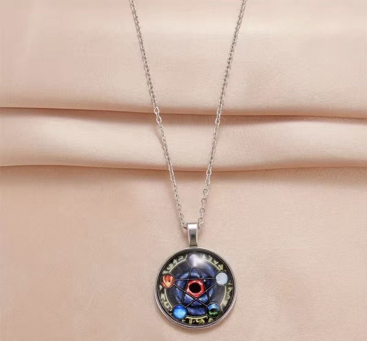 Fashion Pentagram Pattern Pendant Chain-Time Gem Style Round Glass
