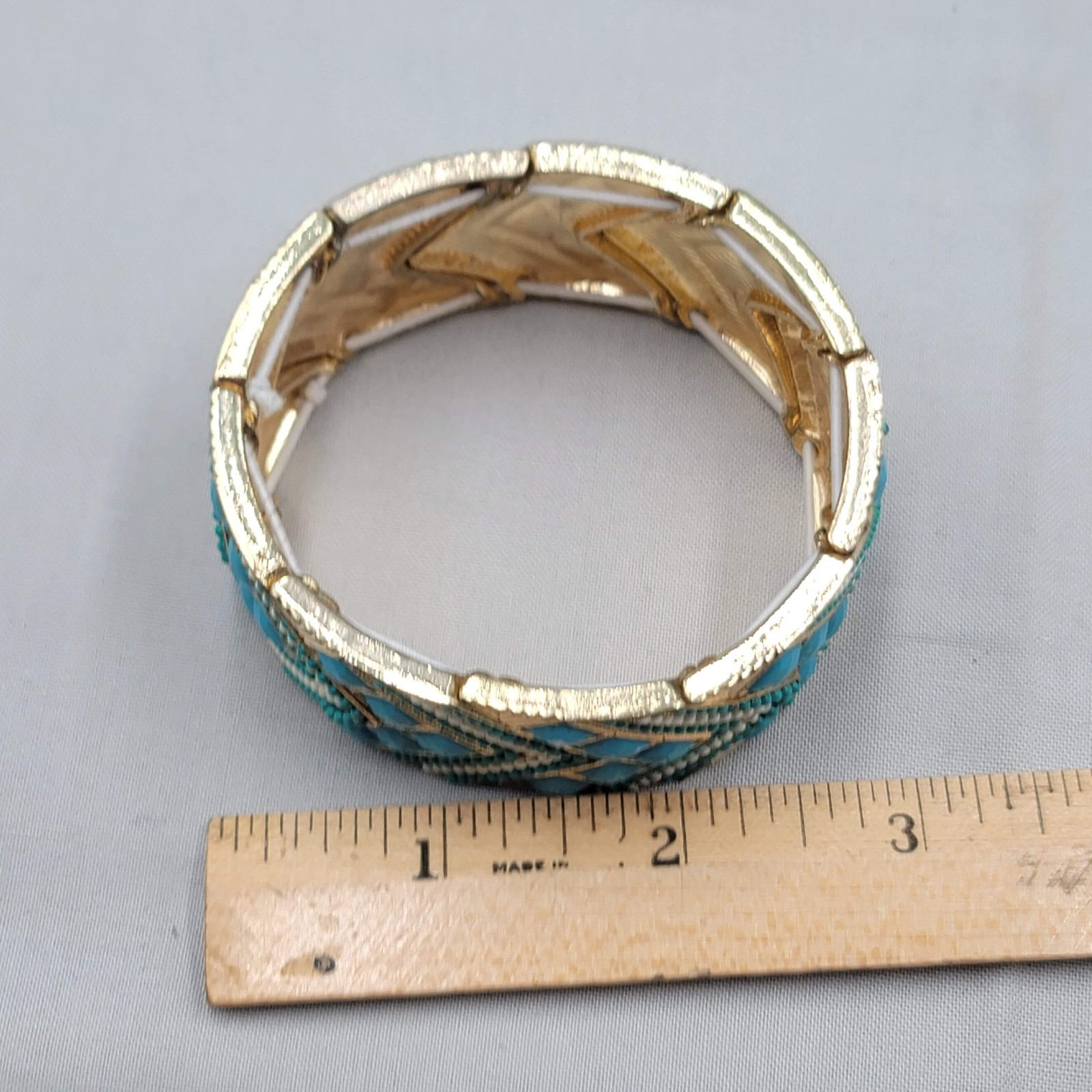 Wide Blue Green Panel Bangle Bracelet Gold tone Elastic 7″ x 1.25″