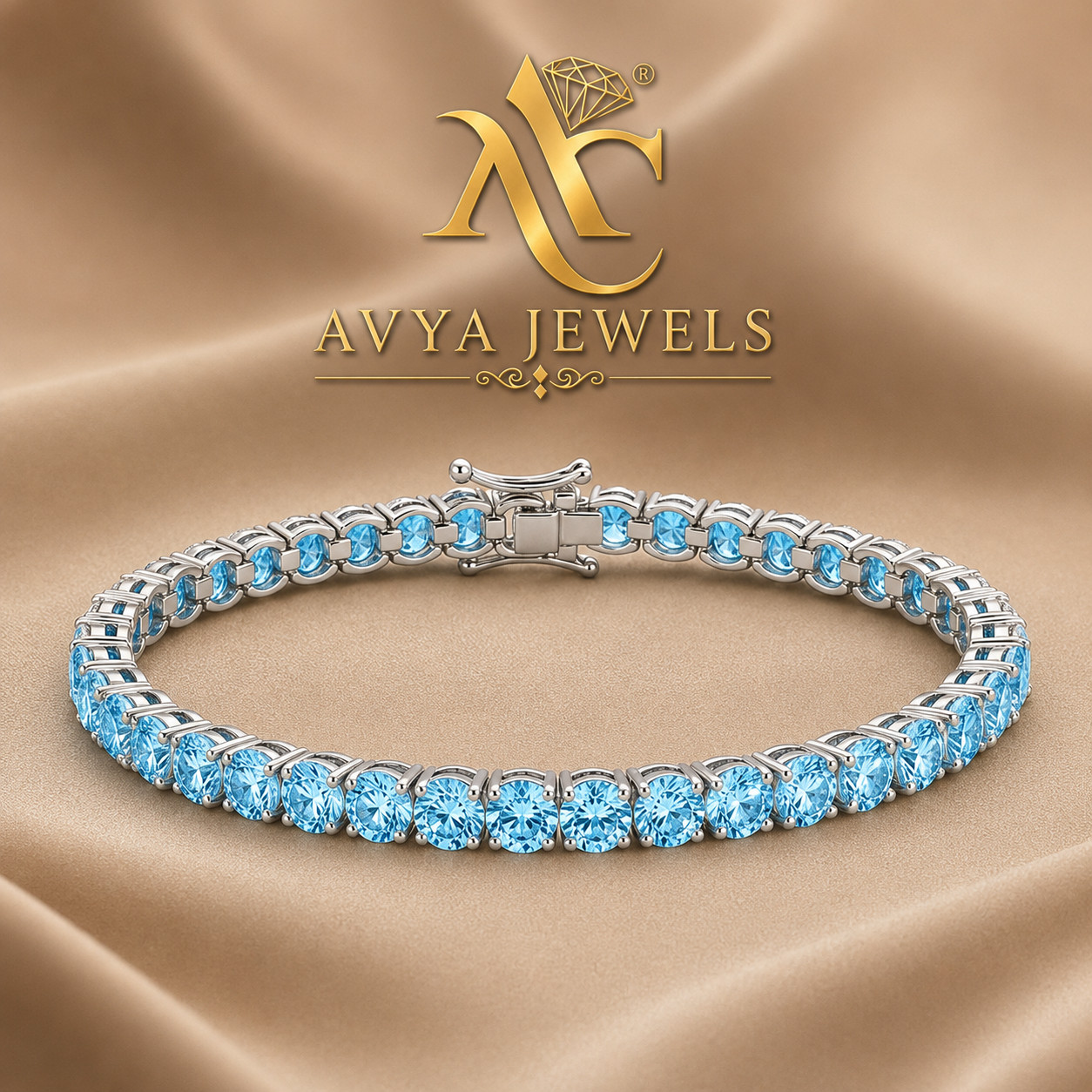 5MM Round Lab Creted Blue Topaz Tennis Bracelet 925 Silver 14k White Gold Plated