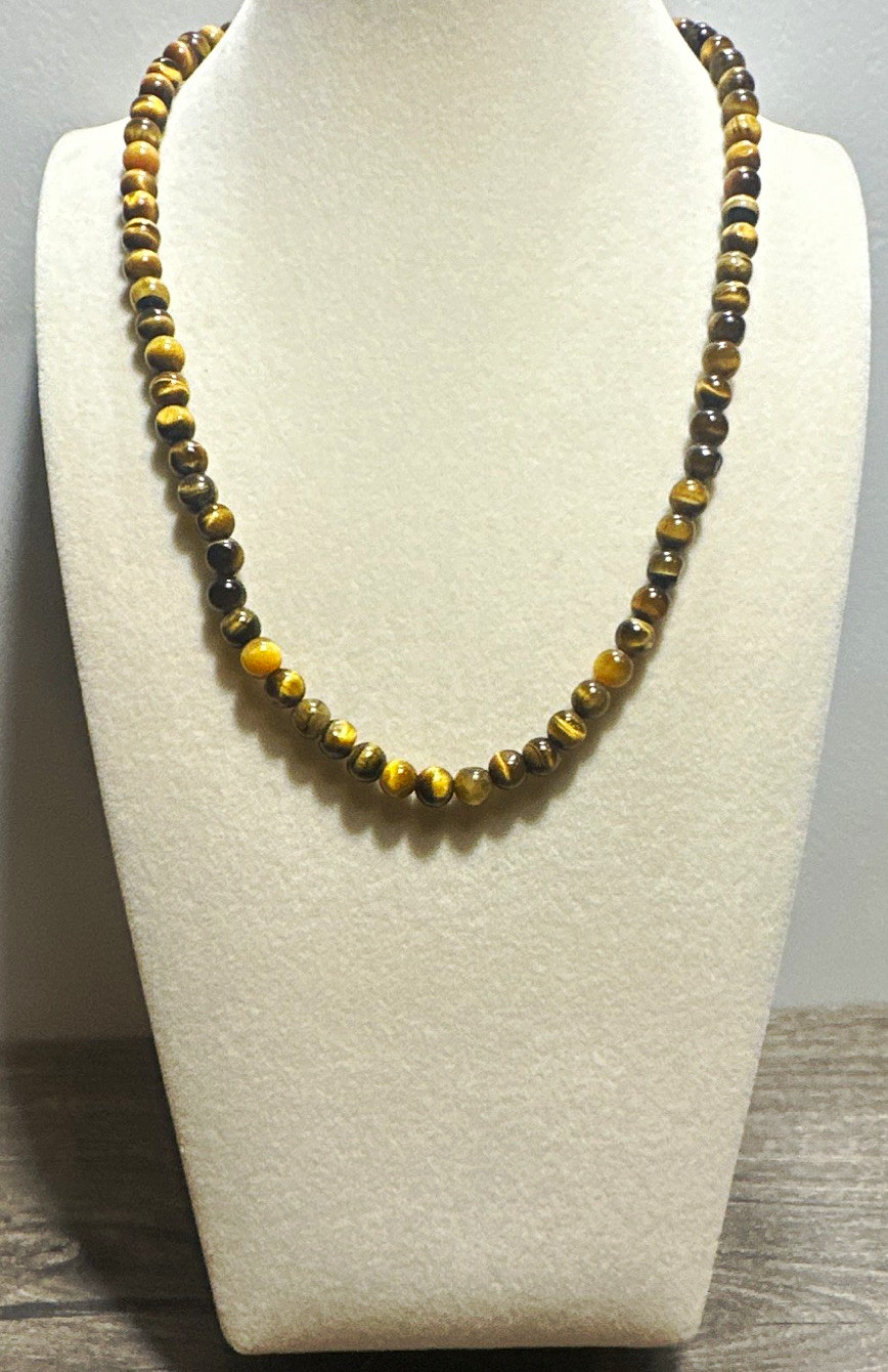 Tiger’s Eye Brown Gold Round Beaded Necklace Silver Tone Barrel Clasp