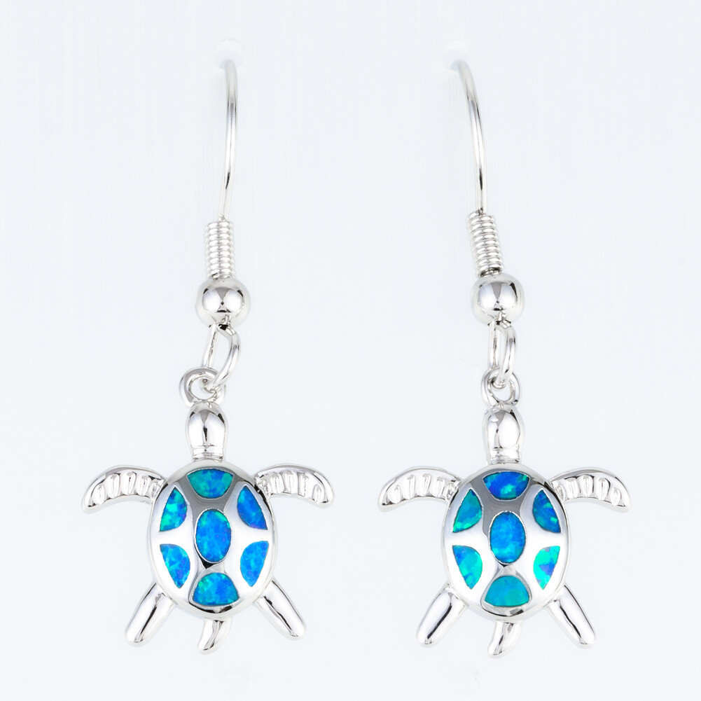 Hawaiian Aloha Turtle Ocean Blue Fire Opal Silver Jewelry Dangle Drop Earrings