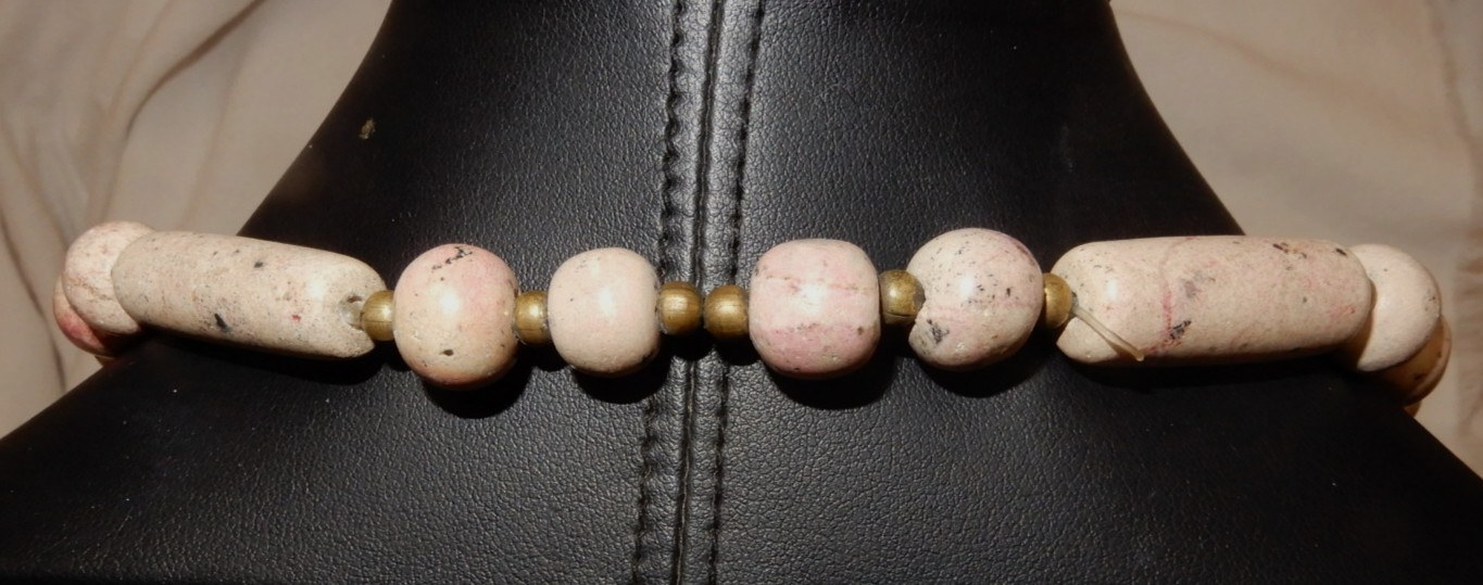 Rhodonite (Pink w/Grey) Stone Beaded Necklace with Brass Bead Spacers – 24″ loop