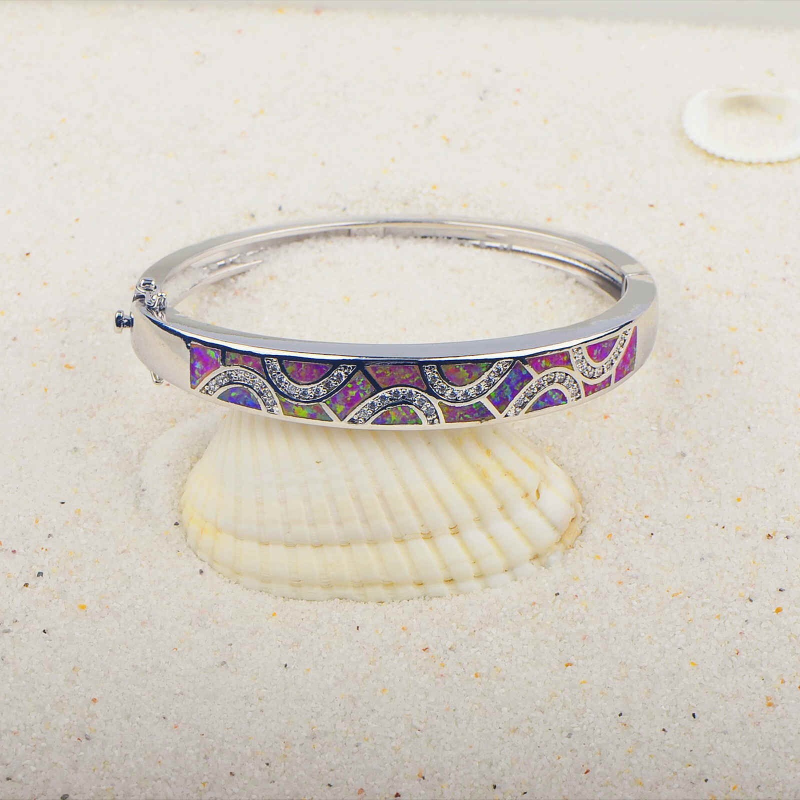 Pink Opal Wave Bangles Cuff 925 Sterling Sliver Jewelry For Women Girls