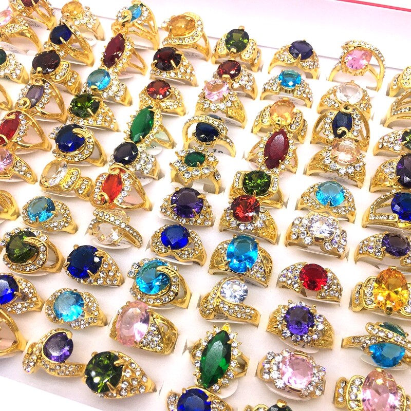 20pcs Women Rings Gold Plated Hand Inlay Rhinestone Zircon Jewelry Wholesale Lot