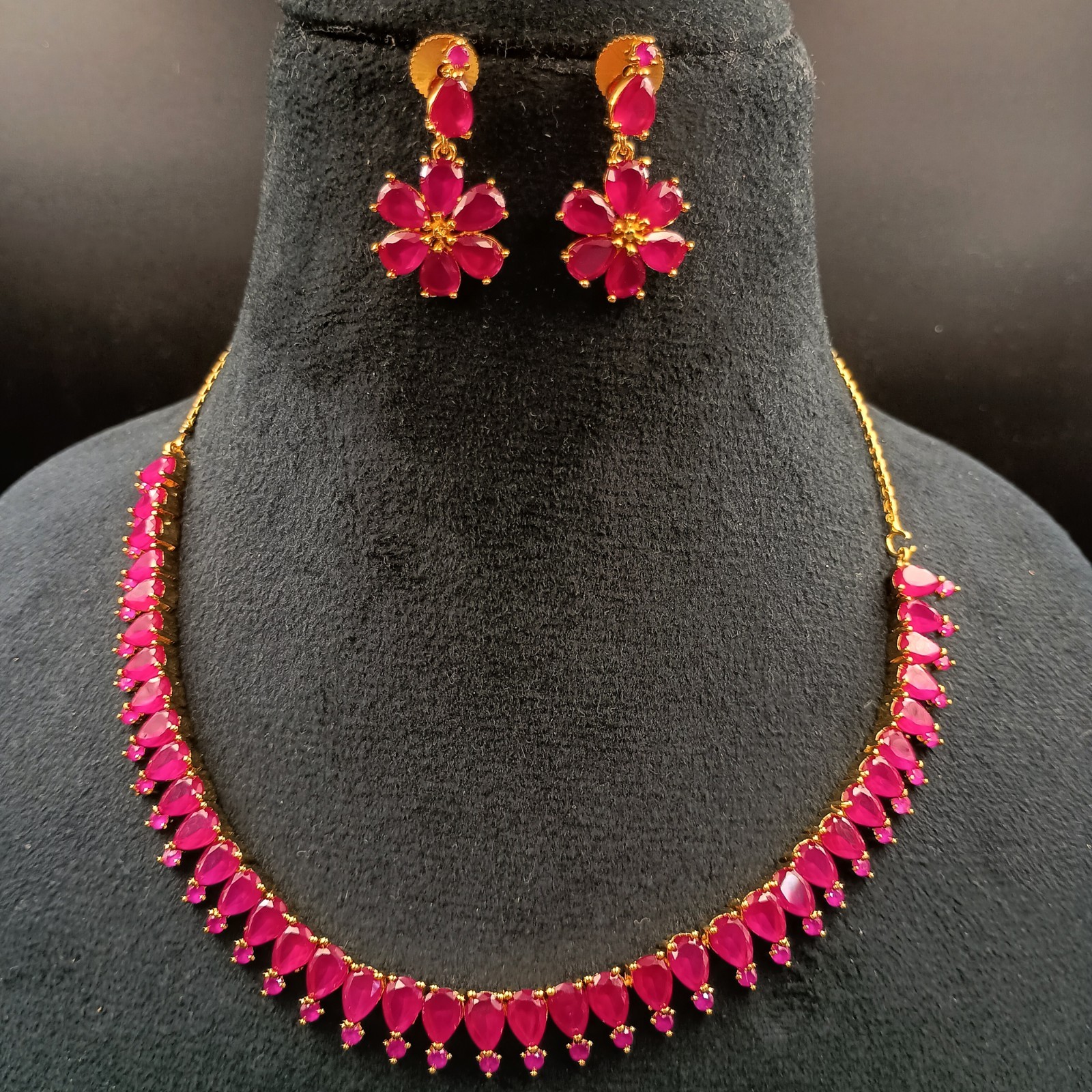 Vintage Ruby Necklace Set 22K Gold Plated Boho Bridal Anniversary Birthstone Gif