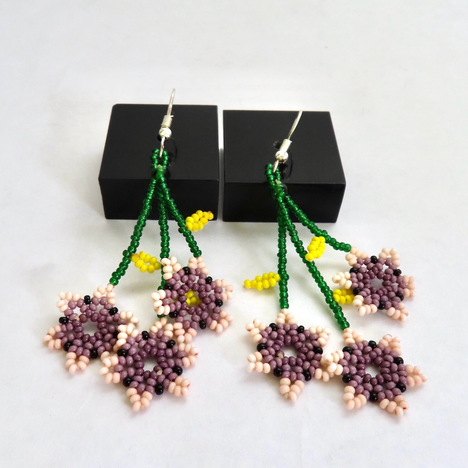 Beaded Dangle Earrings Pink Purple Flowers Huichol Handmade Mexican Folk Art
