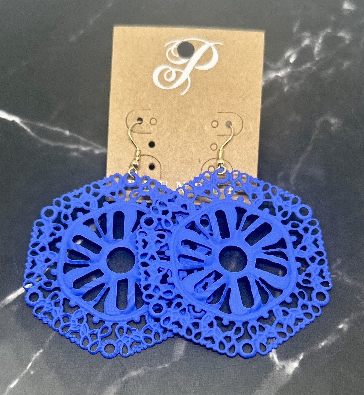 Plunder Designs Earrings GIANNA Royal Blue Filigree PE957 Lightweight Metal 3″