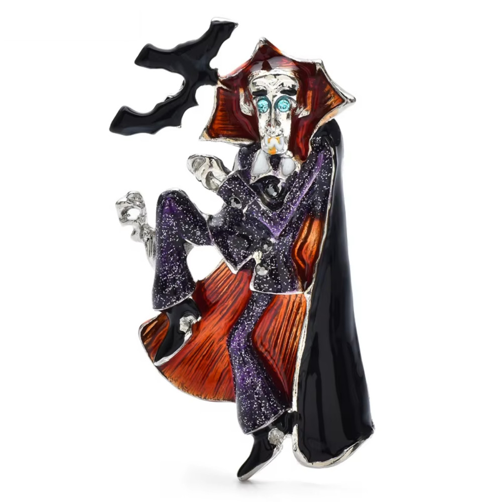 Halloween Dracula Vampire Brooch Purple Cloak Skull Bat Pin Costume Jewelry Gift