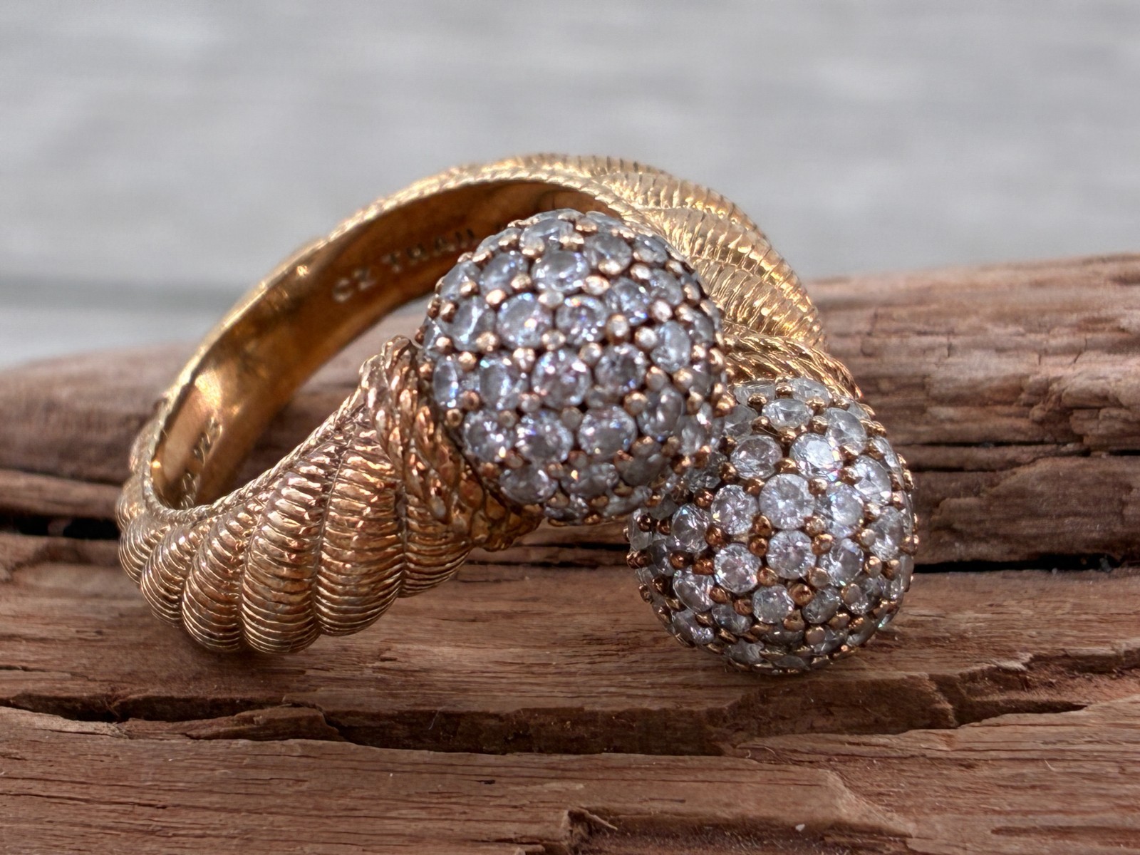 Vintage Judith Ripka Bypass Ring CZ Sphere Ball Tips Gold on Sterling Cable Band