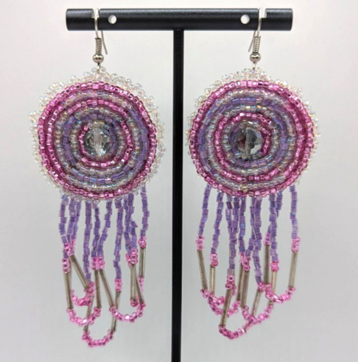 Beaded Pink Purple White Sparkly Circle Dangle Round Stud Post Earrings