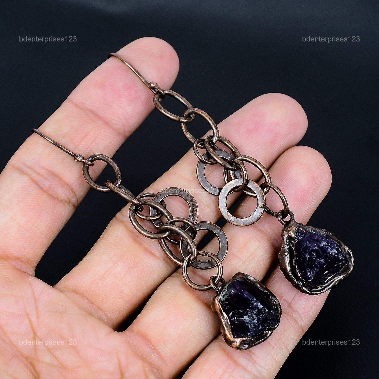 Pentagon African Amethyst Rough Gemstone Dangling Electroformed Earrings Copper