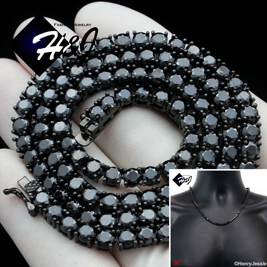 20″MEN 14K BLACK GOLD PLATED ICY BLING CZ 4MM 1 ROW TENNIS CHAIN NECKLACE*BN2