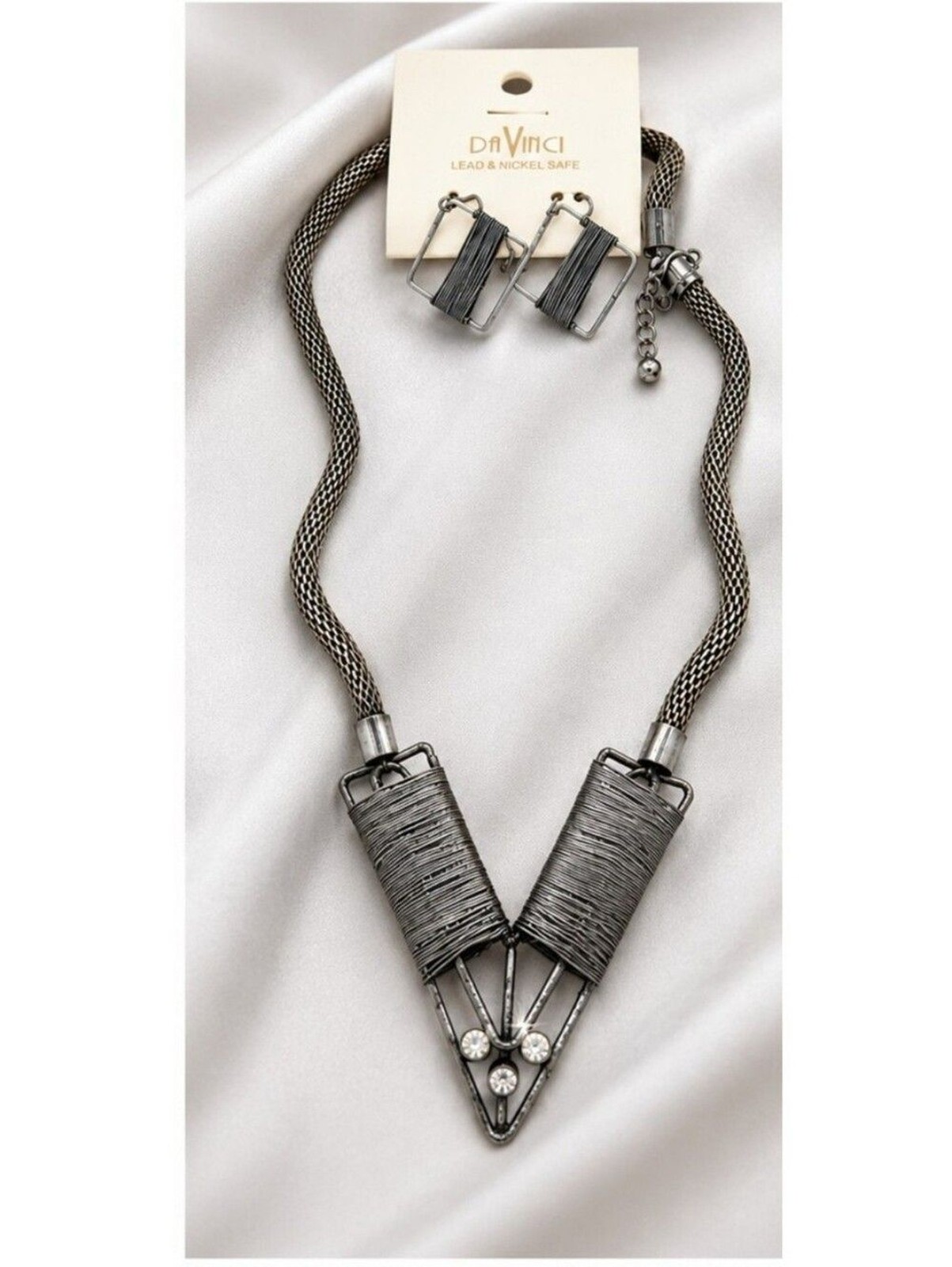 DaVinci Geometric Necklace Earrings Set Gunmetal Wire Wrap Statement Jewelry NWT