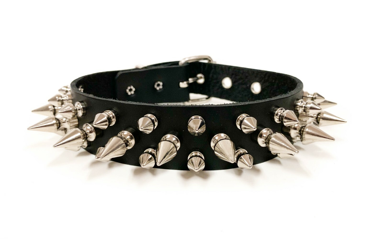 Punk Gothic Three Row Spike Belt Black Real Leather Snap Choker Collar Necklace
