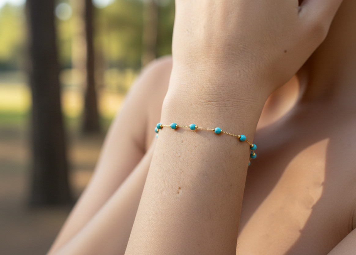 Minimalist Turquoise Beaded Bracelet 18K Gold Tone Brass Chain Bracelet