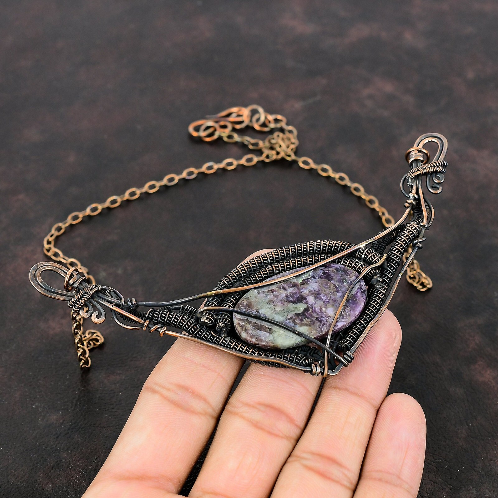Russian Charoite Copper Gift For Mother Wire Wrapped Necklace Adjustable”