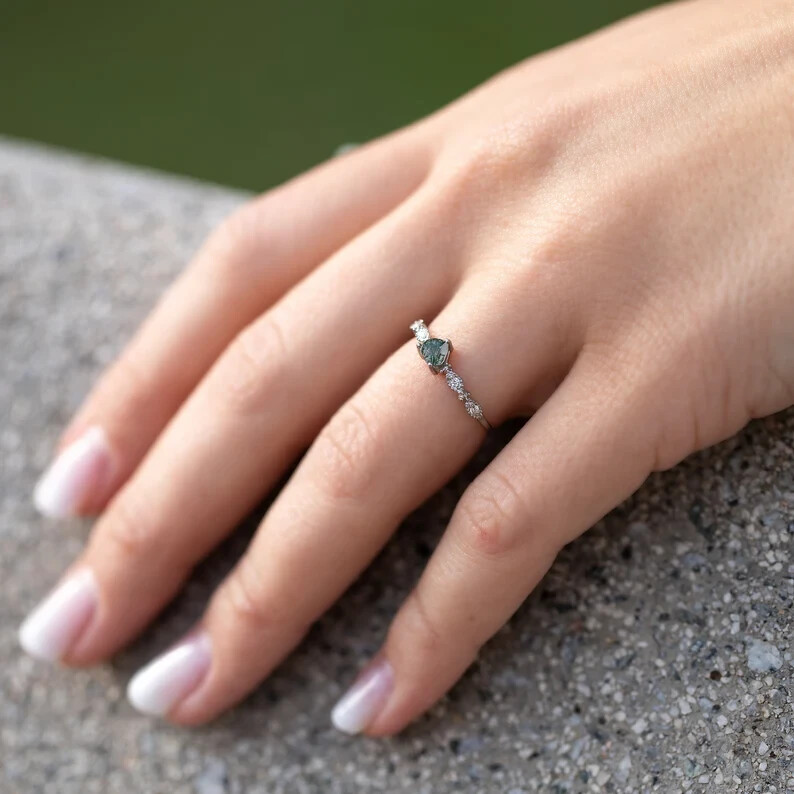 Moss agate heart promise ring, Unique heart cut moss agate engagement ring
