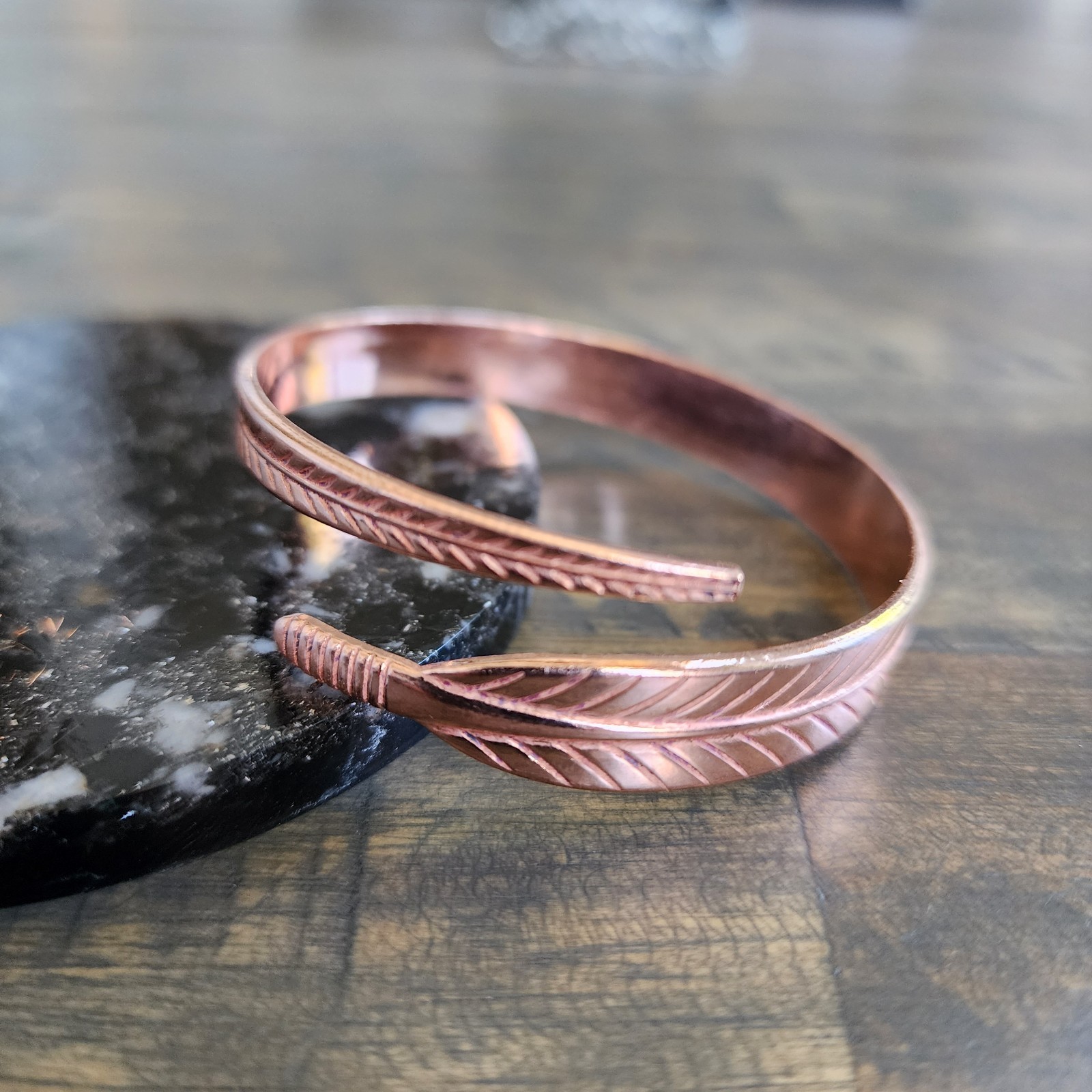Pure Copper Feather Bracelet Bangle Adjustable 10 mm Wide 20g Open Cuff
