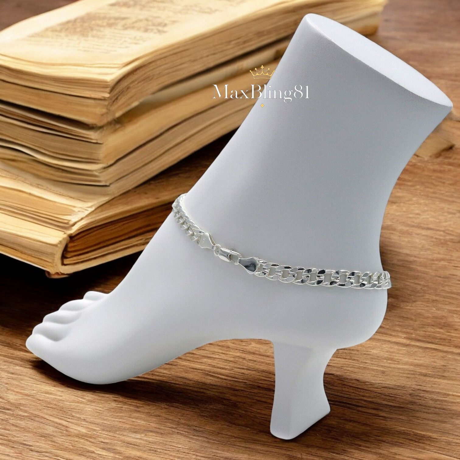 925 STERLING SILVER PLATED CONCAVE CUBAN CHAIN 5mm 10″ FASHION ANKLET BRACELET