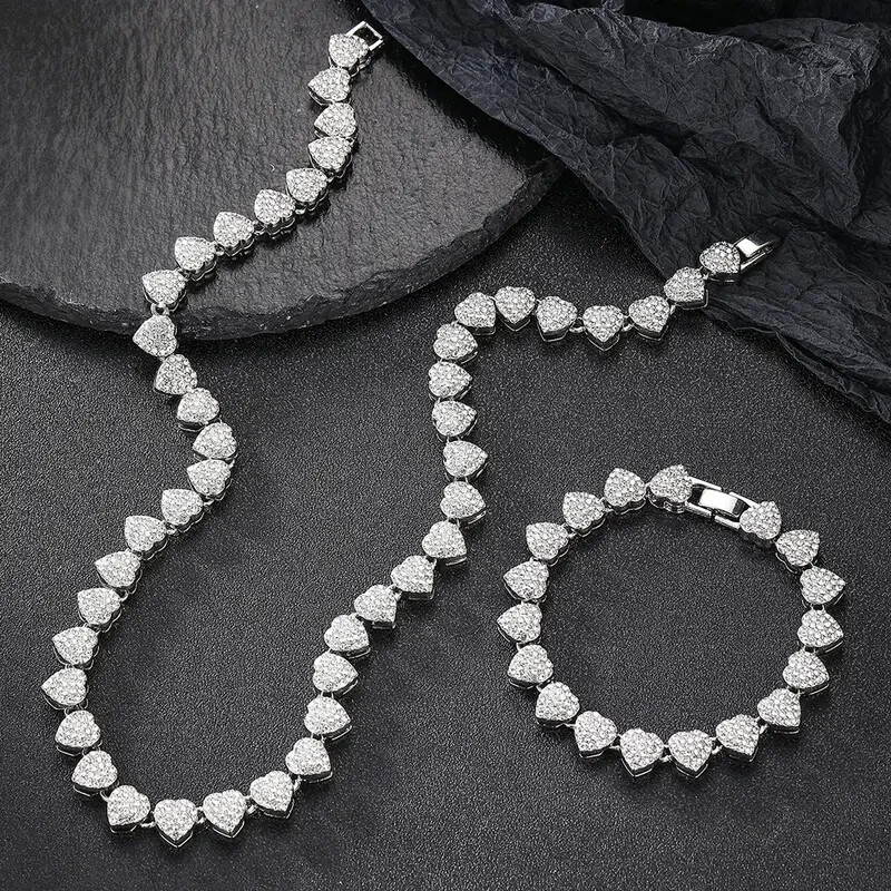 Women Necklace & Bracelet Iced Heart Chain Stainless Steel Bling Cubic Zirconia