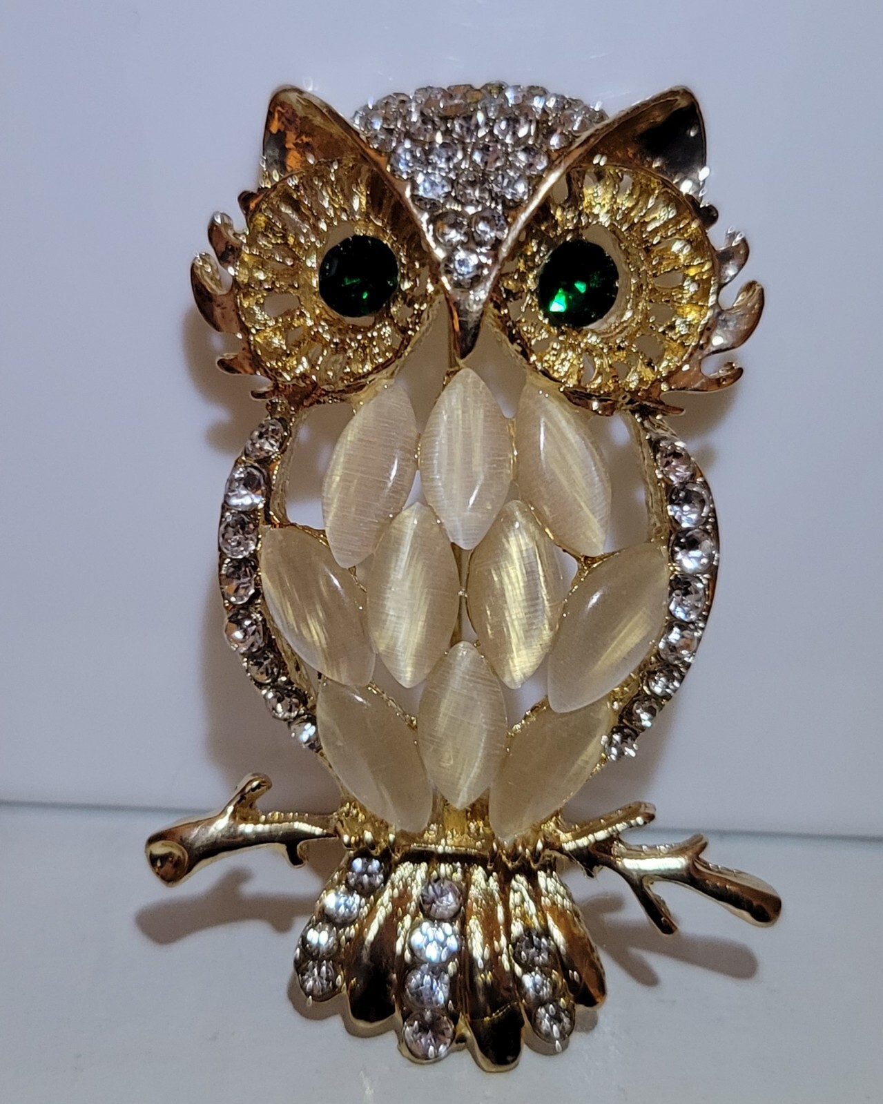 Owl Pin Costume Jewelry 2.25 inches Gold tone USA seller green eyes
